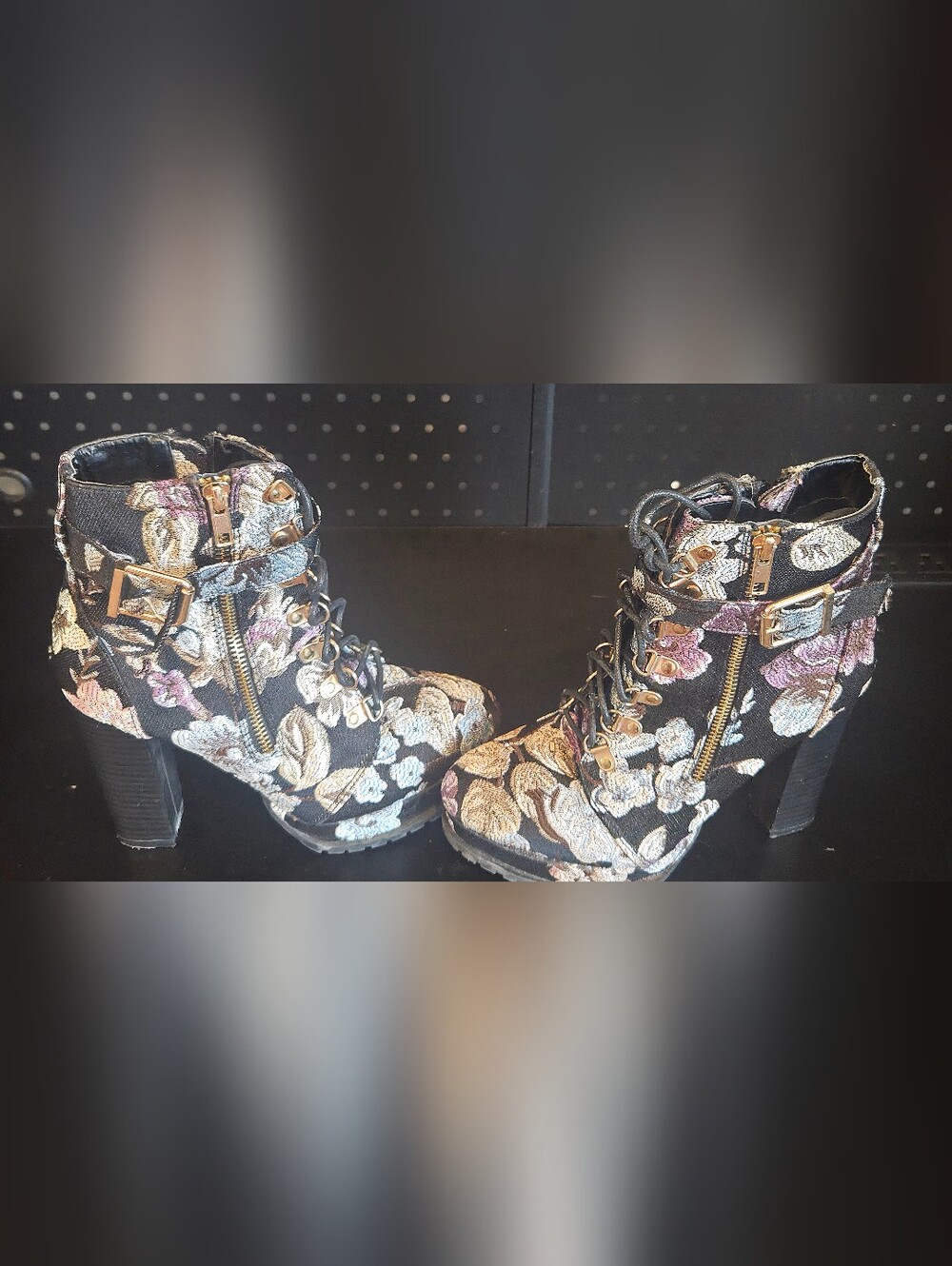 JustFab Floral Brocade Lace-Up Platform Ankle Boots Gold Hardware